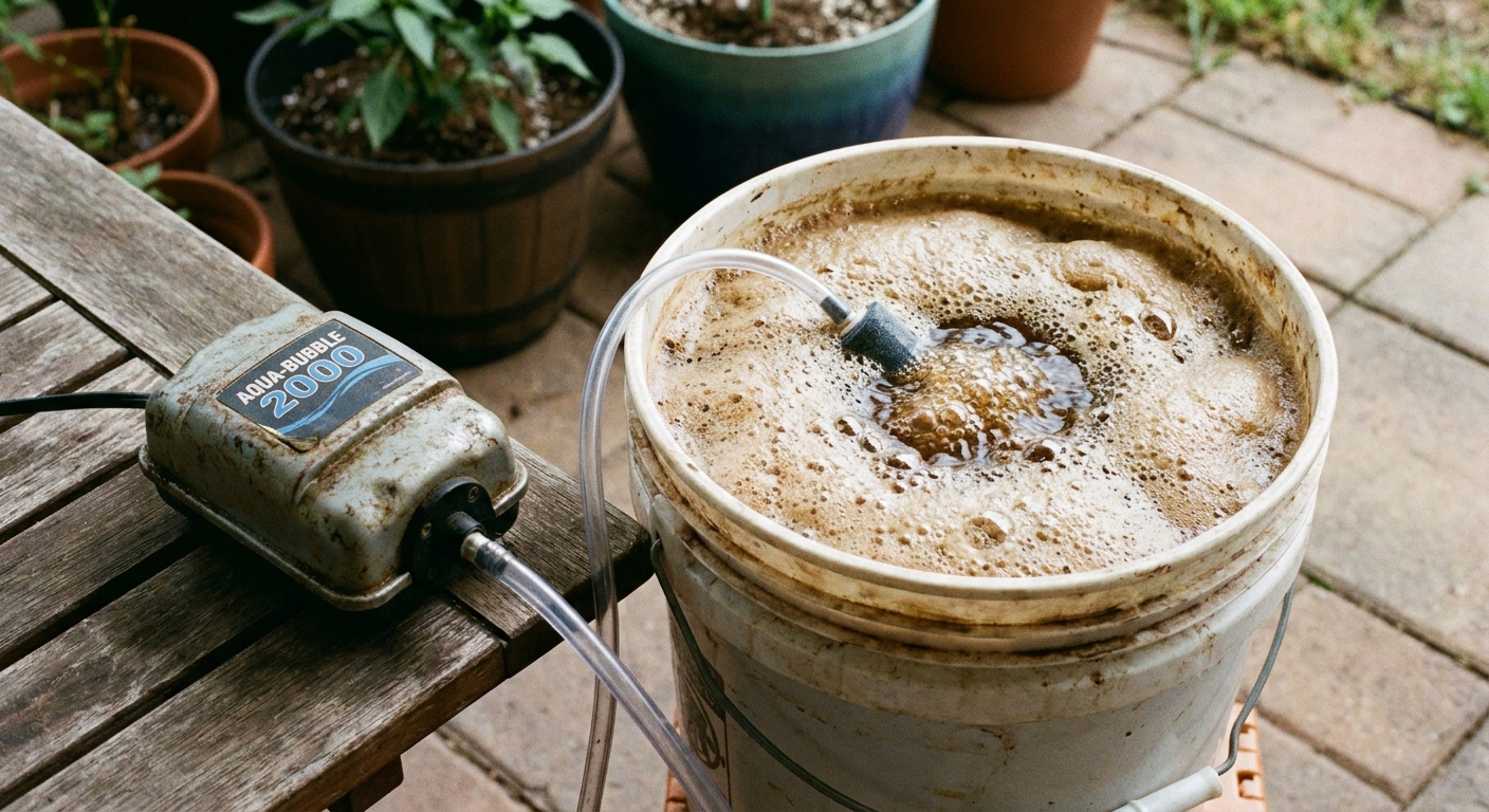 A close-up photograph of an aquarium air pump running air tubing into a five-gallon bucket of compost tea, with bubbles rising at the surface on a patio
