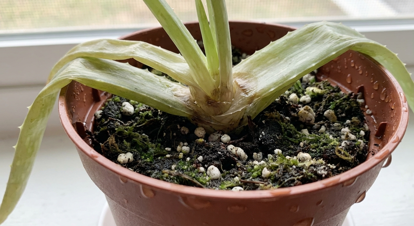 A close-up photograph of an overwatered aloe vera plant in a plastic nursery pot, with drooping leaves that look slightly translucent and brown near the base, damp potting mix visible, indoor lighting