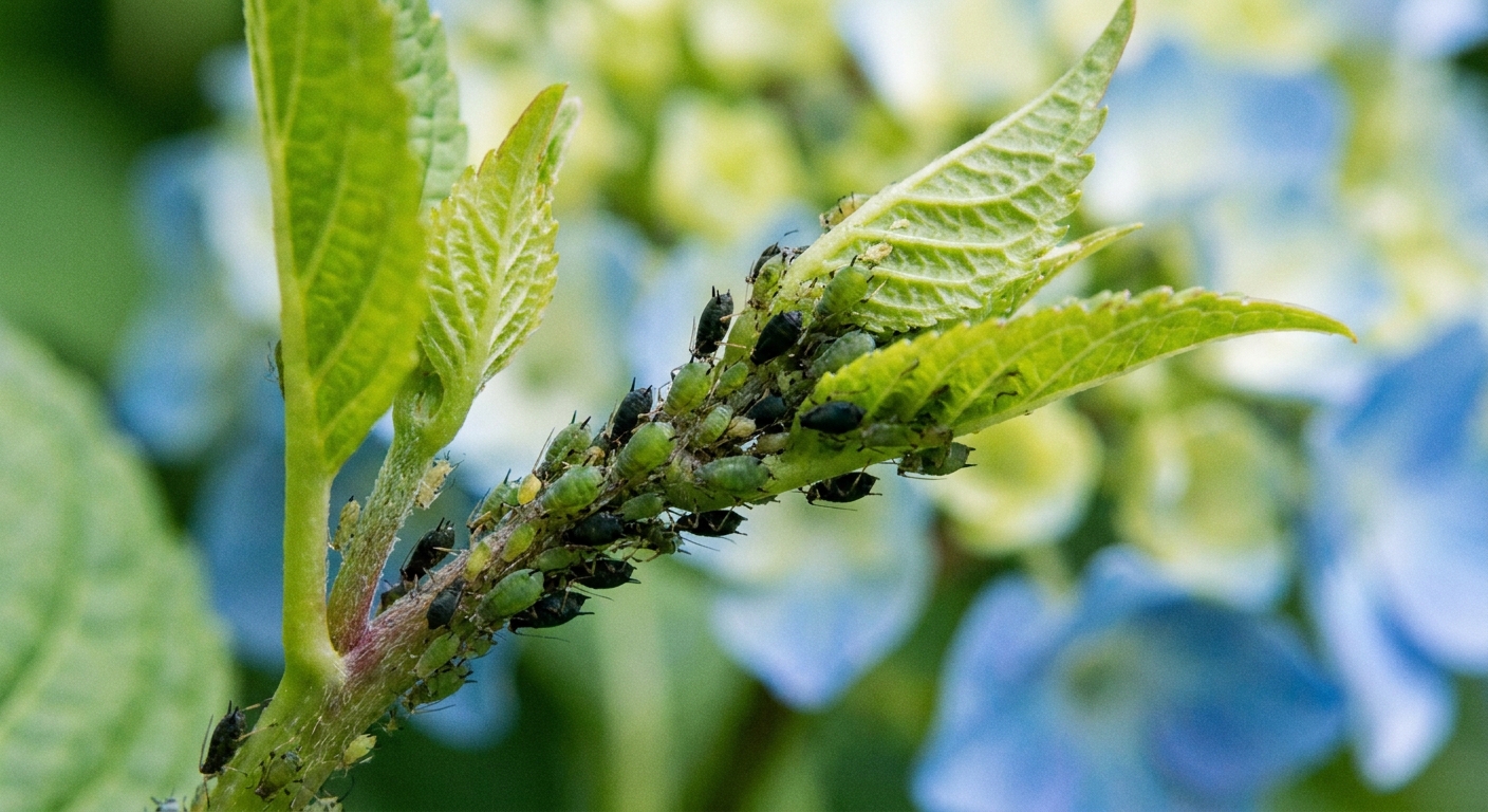 A close-up photograph of aphids clustered on a hydrangea stem near soft new leaves, with shallow depth of field