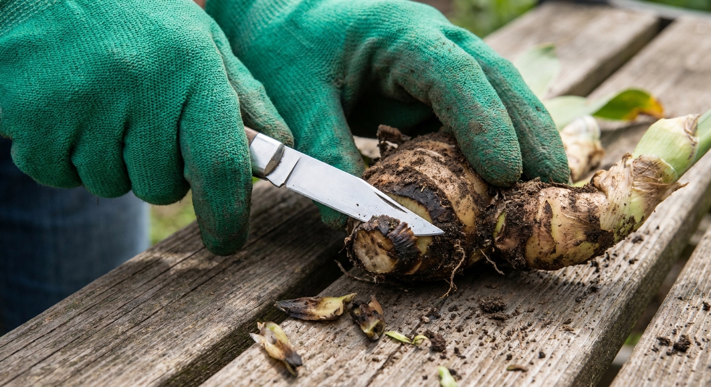 A close-up photograph of gloved hands using a clean knife to trim away soft, brown tissue from a bearded iris rhizome on a garden bench