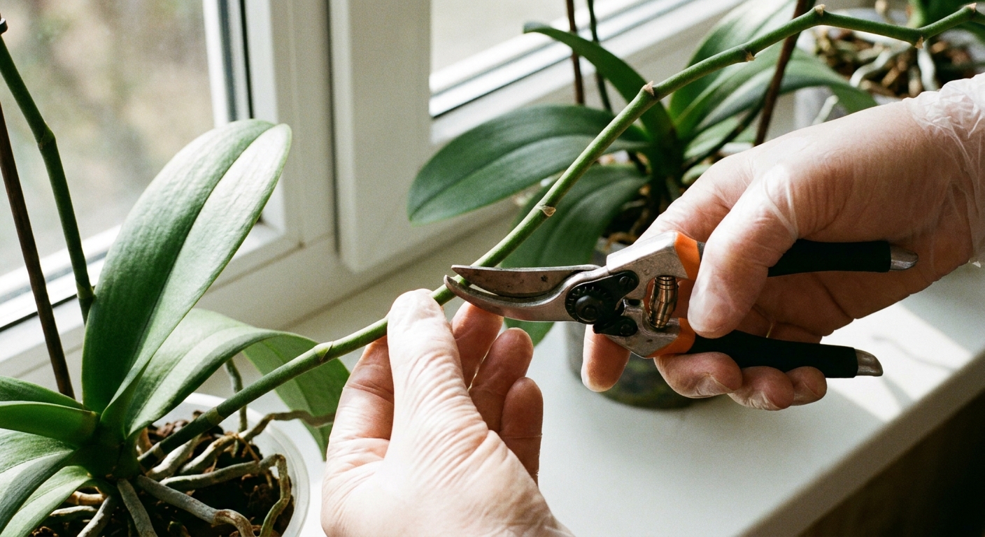 A close-up photograph of hands using clean pruning scissors to trim a green Phalaenopsis orchid flower spike above a node in bright indoor window light