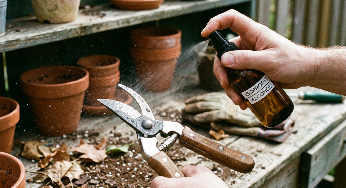A close-up photograph of pruning shears being sprayed with rubbing alcohol from a small spray bottle on an outdoor potting bench