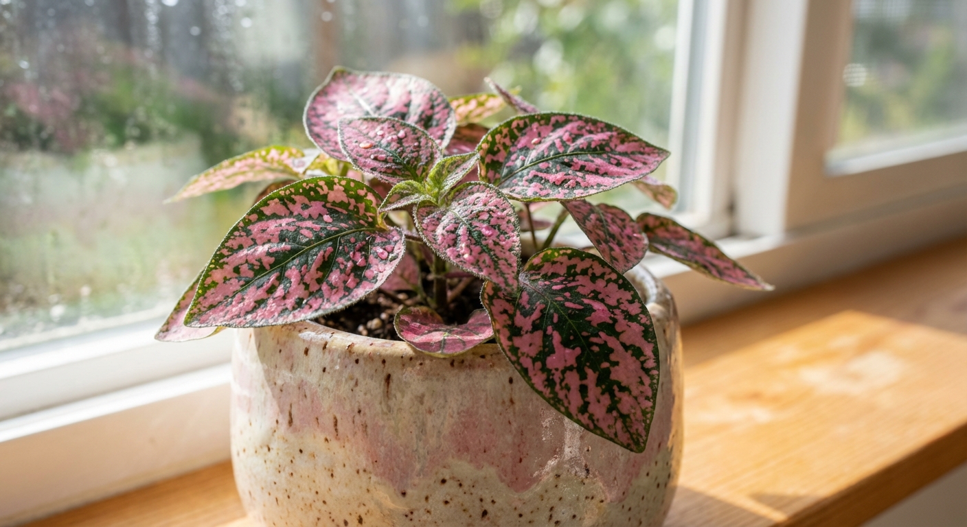 A close-up, photorealistic indoor plant photo of a pink polka dot plant (Hypoestes phyllostachya) in a small ceramic pot on a bright windowsill with soft natural light and crisp spotted leaves in focus