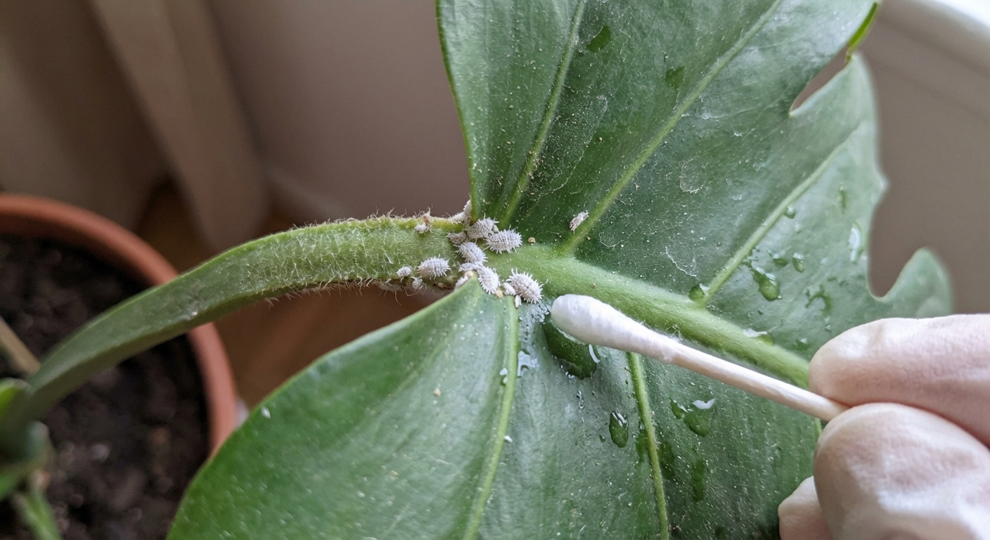 A close up photorealistic photo of a houseplant leaf and stem showing small white mealybugs clustered near a leaf node, with a hand holding a cotton swab nearby