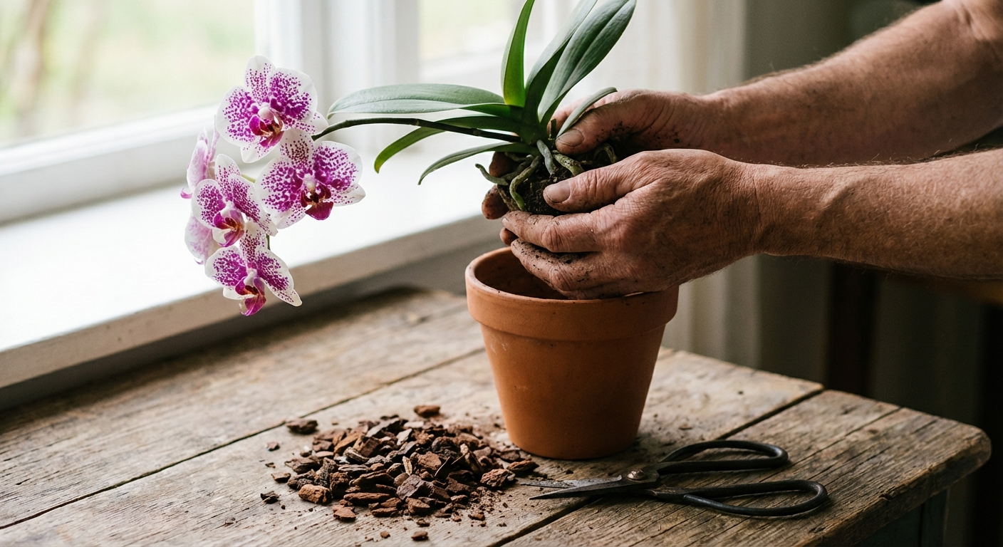 A close-up, photorealistic shot of hands gently holding a Phalaenopsis orchid above a pot on a wooden table, with bark mix and sterilized scissors nearby in soft natural window light