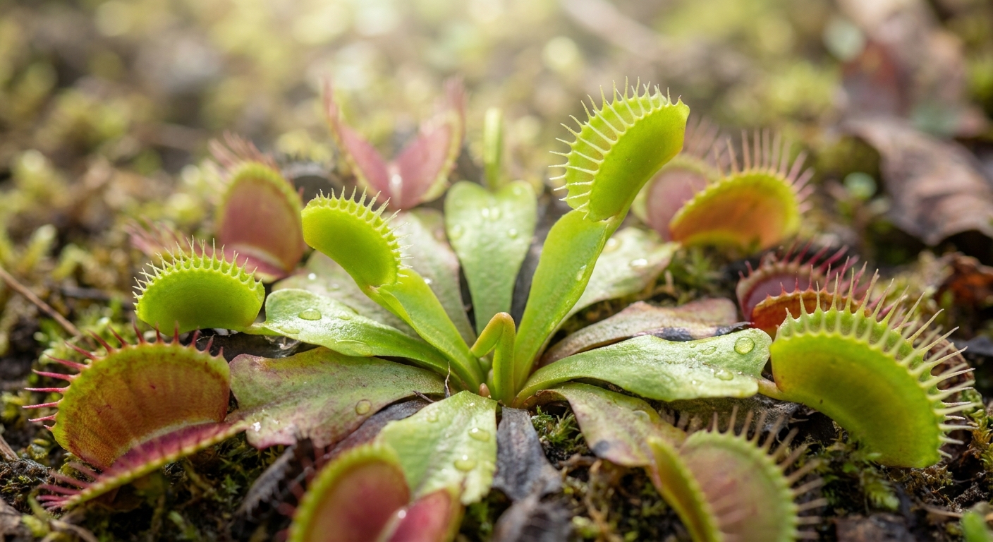 A close-up real photo of a Venus flytrap with fresh green traps emerging from the center in early spring sunlight