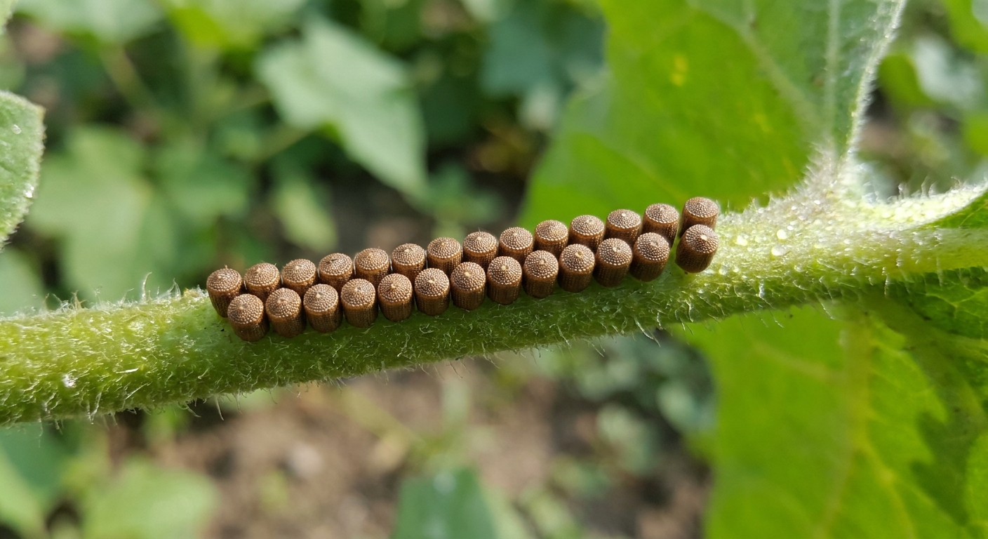 A close-up real photo of a chain of small bronze-brown leaf-footed bug eggs lined up along a green plant stem in natural outdoor light