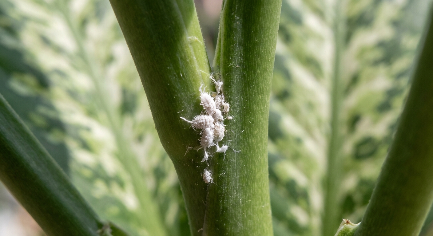 A close-up real photo of a dieffenbachia leaf stem showing small white mealybugs clustered near the node, shallow depth of field, photorealistic