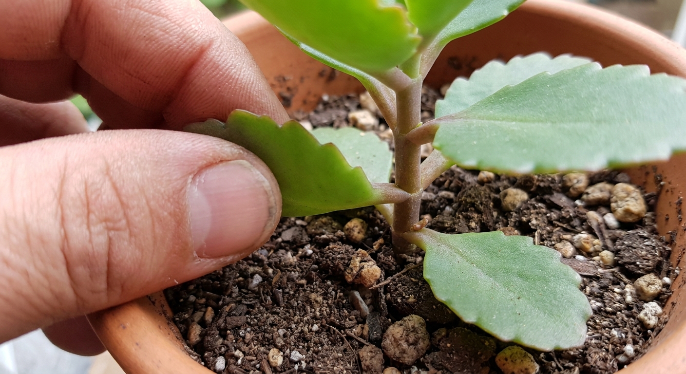 A close-up real photo of a hand gently tugging a lower kalanchoe leaf near the stem above the potting soil, showing careful plant inspection
