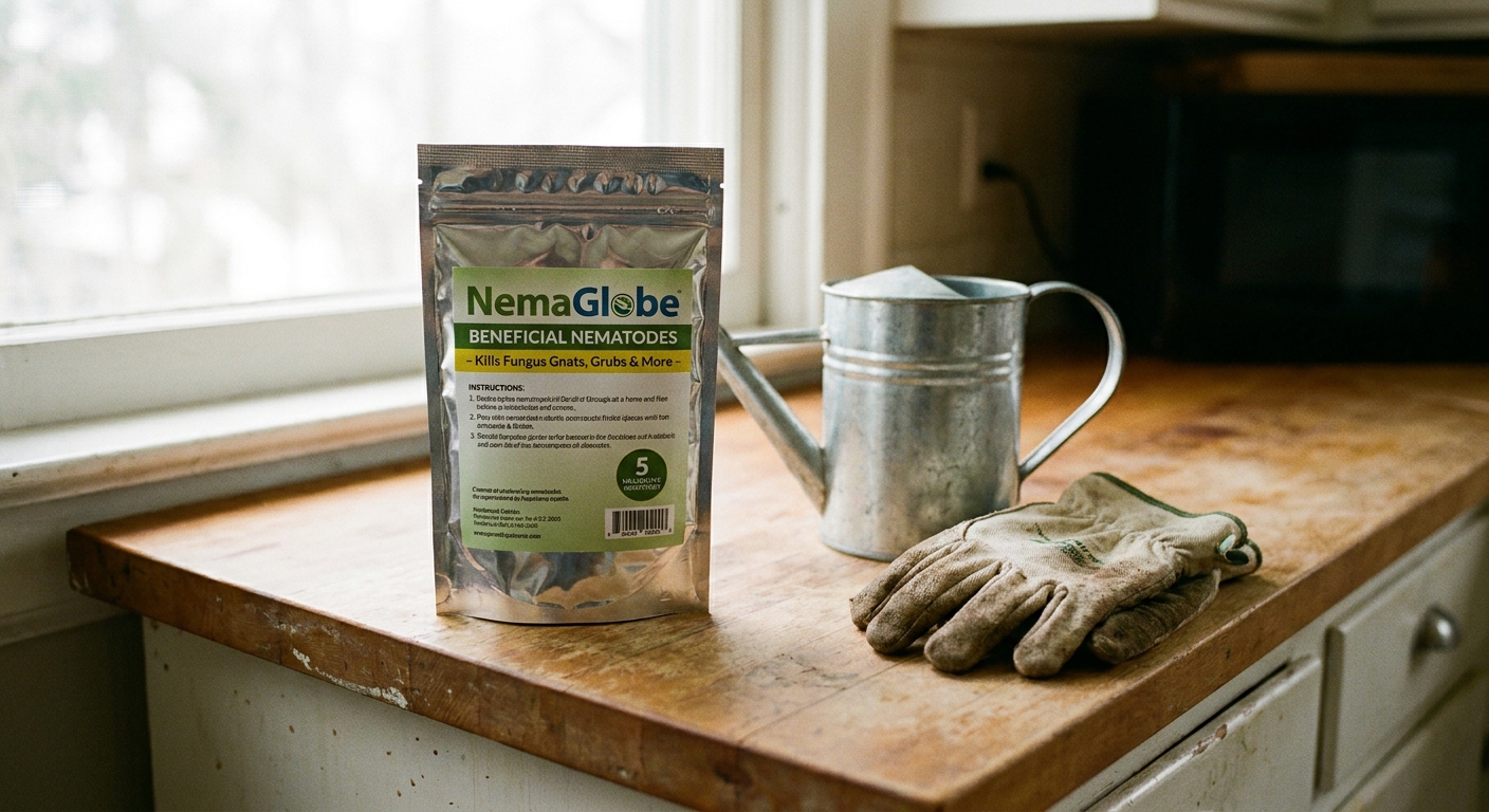 A close-up real photo of a sealed beneficial nematodes package on a kitchen counter next to a watering can and garden gloves, soft indoor light