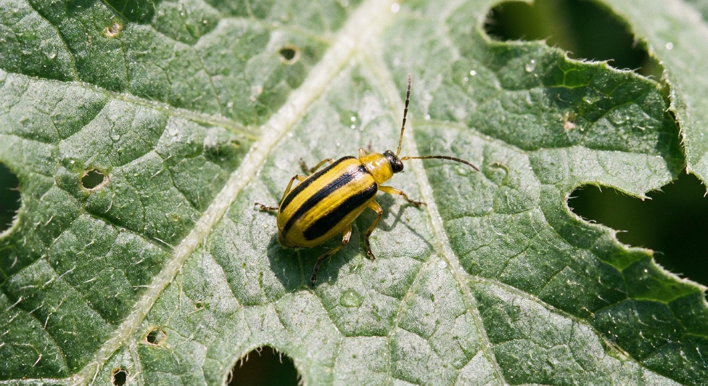 A close-up real photo of a striped cucumber beetle sitting on a watermelon leaf with visible leaf texture and veins