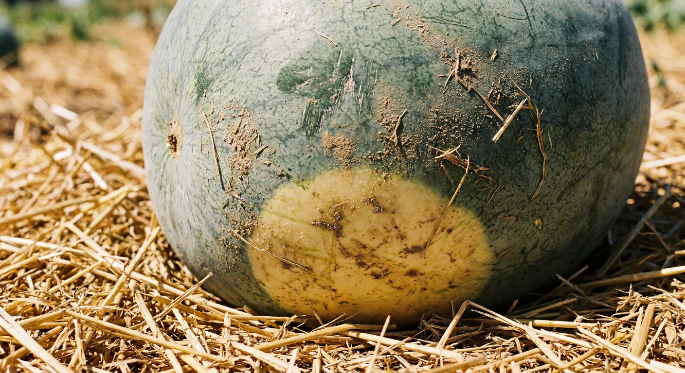 A close-up real photo of a watermelon resting on straw mulch showing a creamy yellow ground spot and dull rind texture