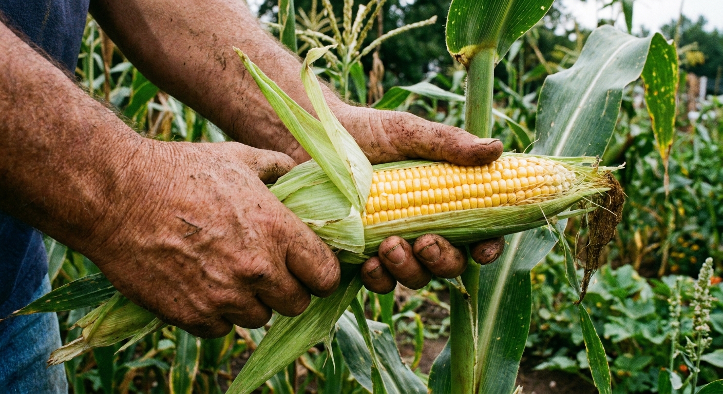 A close-up real photo of hands twisting a ripe sweet corn ear off the stalk in a backyard garden