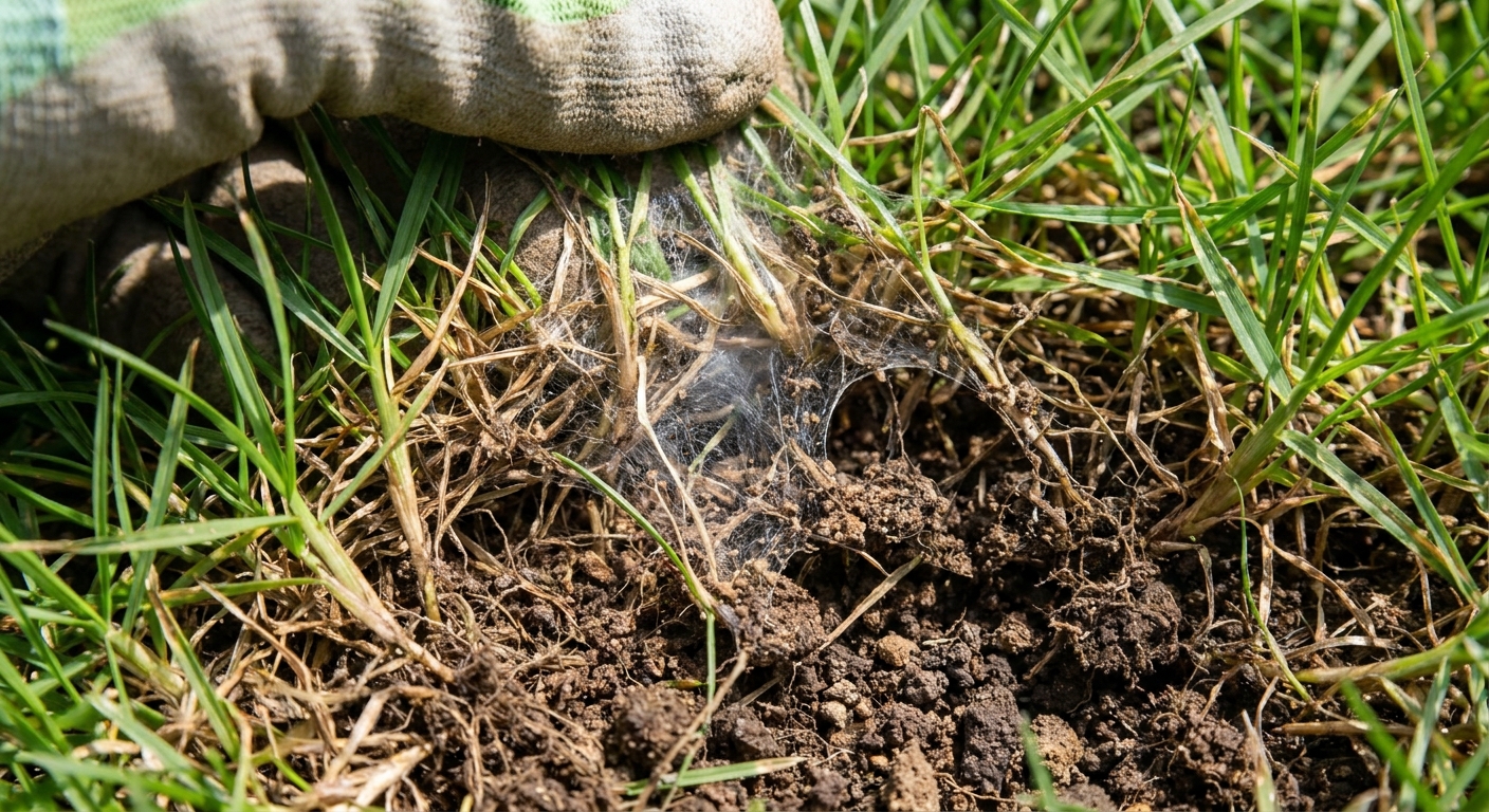 A close-up real photo of parted turf showing fine silk webbing and thatch near the soil surface in a lawn