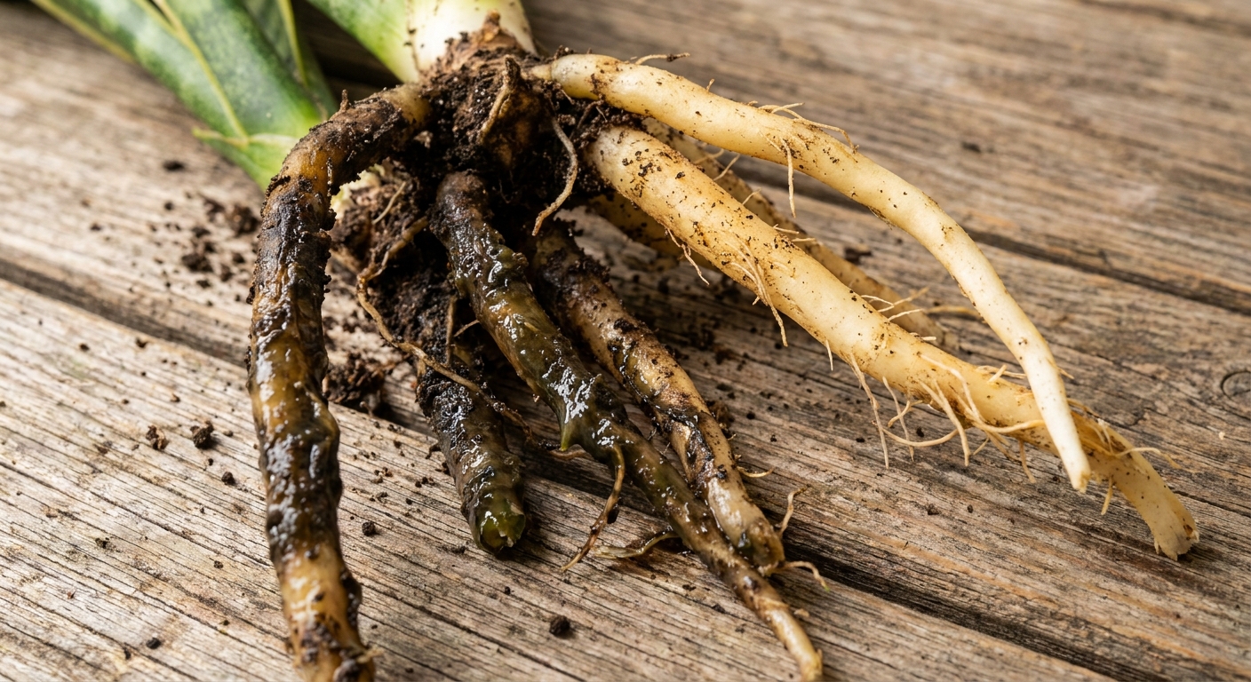 A close-up real photo of snake plant roots with several black mushy sections and a few firm pale roots still intact on a wooden surface