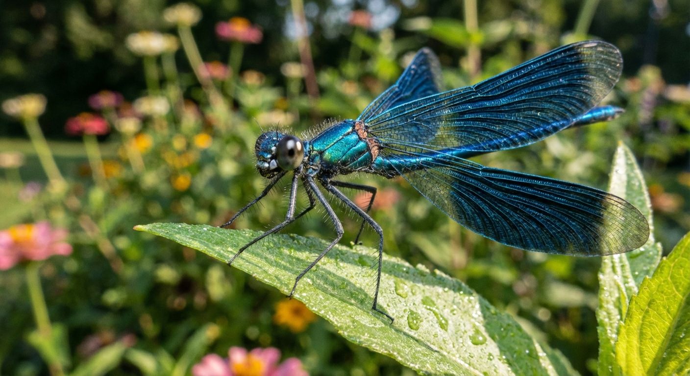 A close-up real photograph of a dragonfly perched on a green leaf in a backyard garden, crisp detail with a blurred background