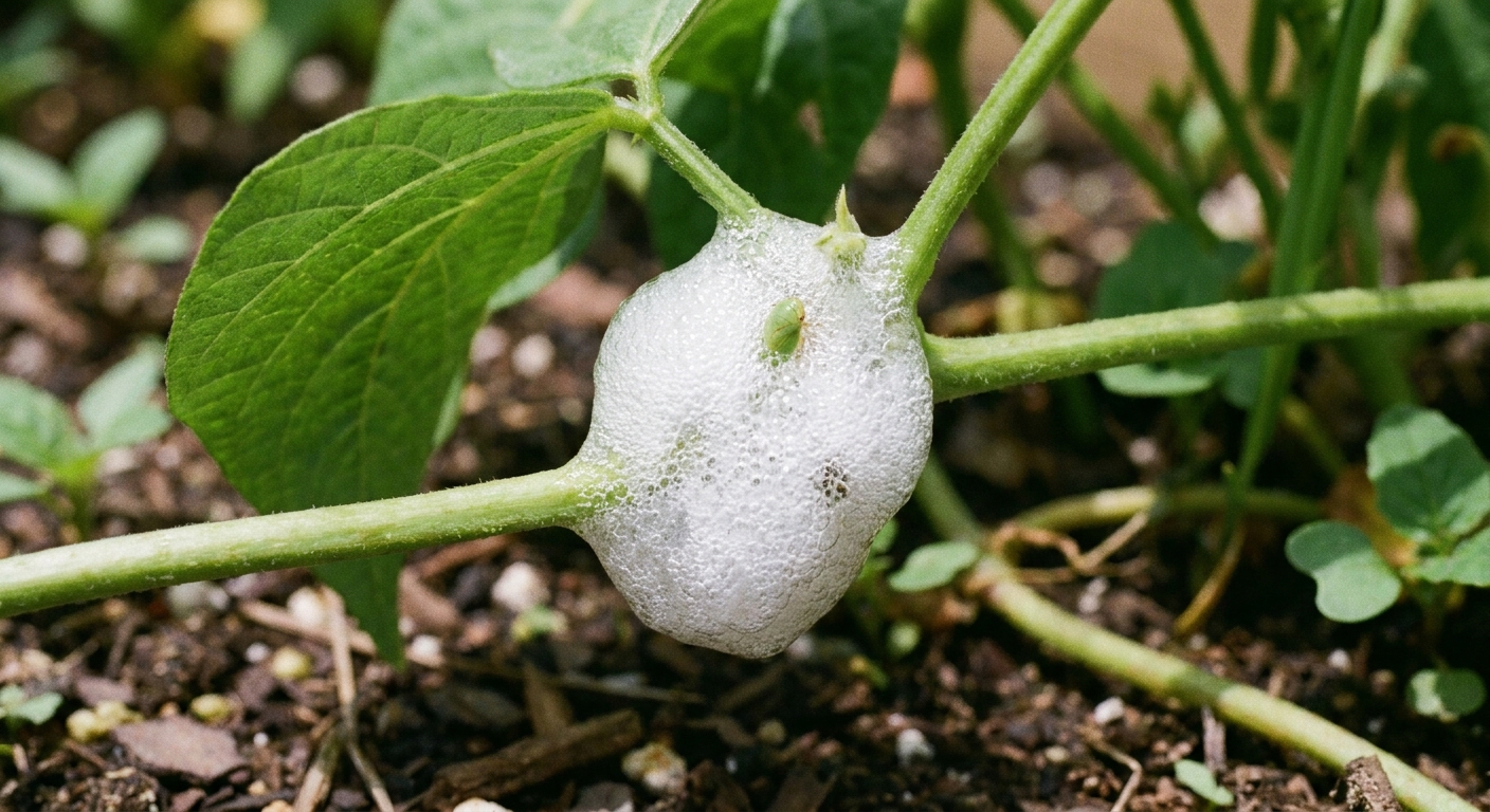 A close-up real photograph of a foamy spittlebug nest attached to a green bean stem near a leaf node in a backyard vegetable garden
