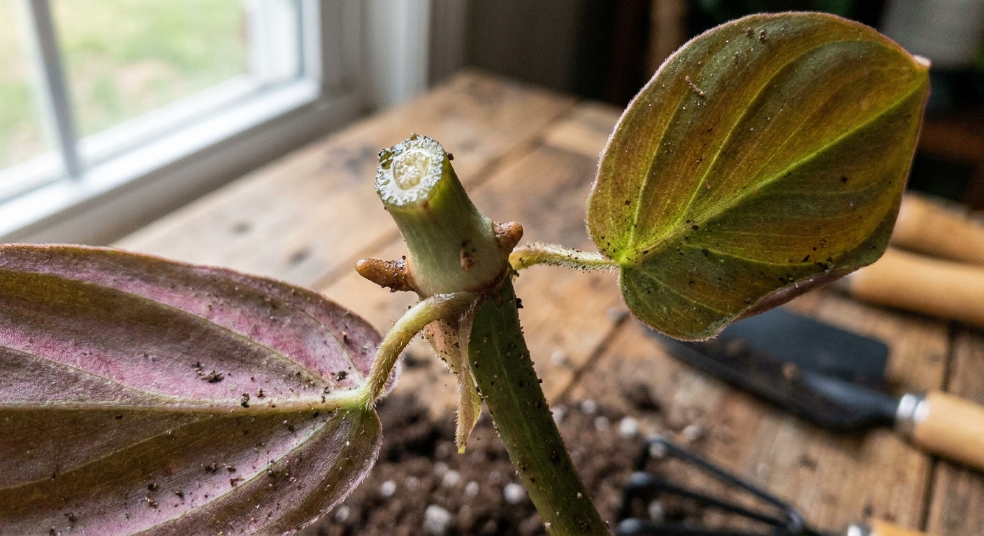 A close-up real photograph of a freshly cut Philodendron micans vine segment showing a visible node and aerial root nub near the leaf stem