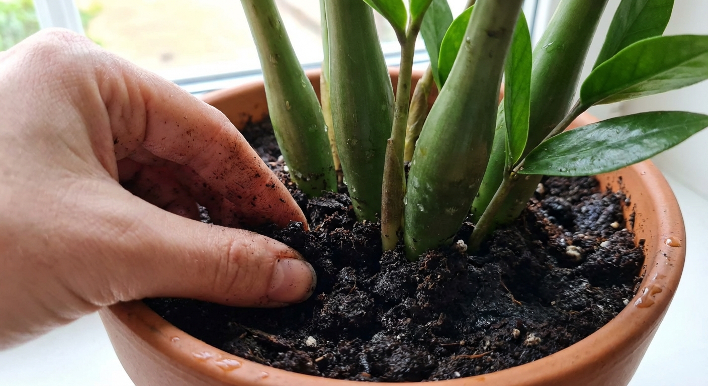 A close-up real photograph of a hand gently pressing damp potting soil in a ZZ plant pot, showing dark wet soil texture and the base of green stems, indoor natural light