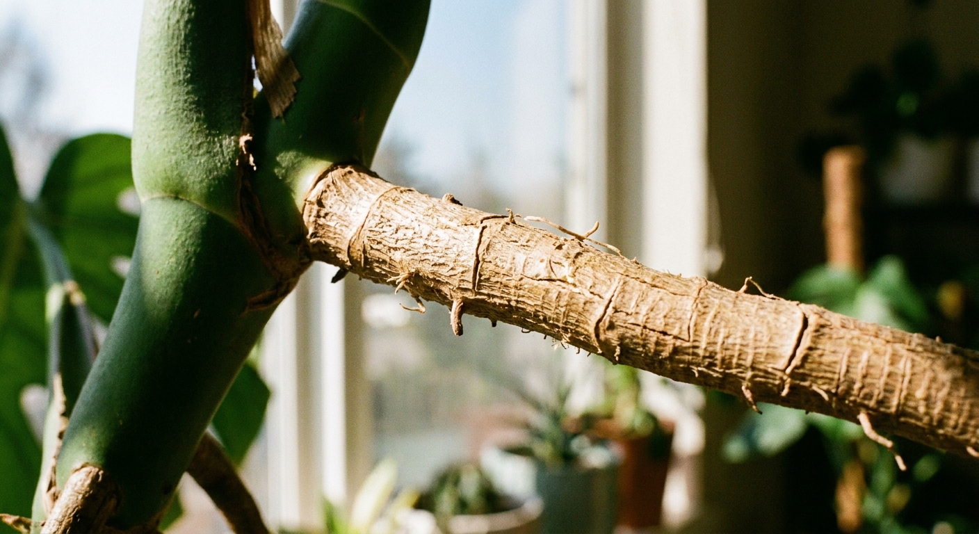 A close up real photograph of a healthy Monstera aerial root with a tan woody surface emerging from a stem node in bright window light