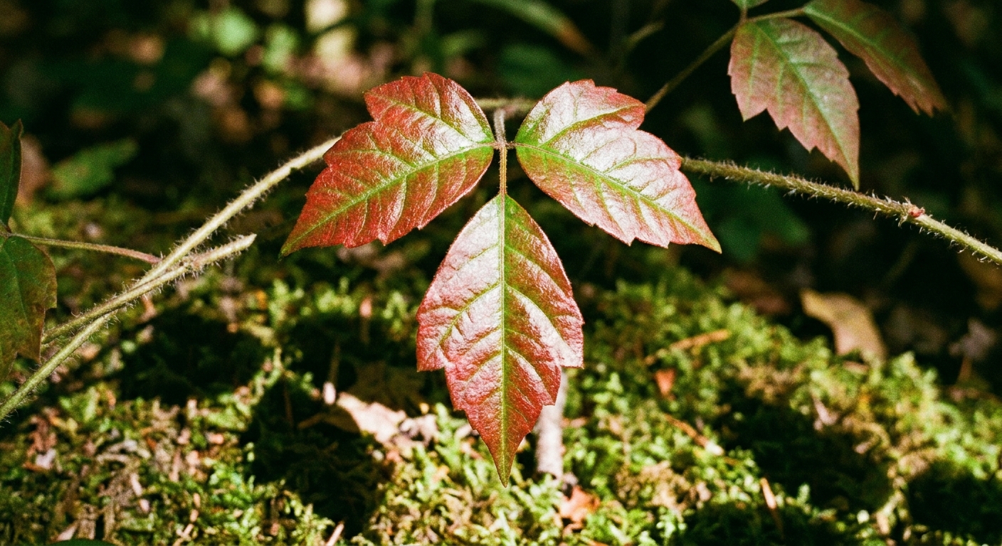 A close-up real photograph of a poison ivy plant with one leaf showing three distinct leaflets, the center leaflet on a longer stem, in dappled outdoor light