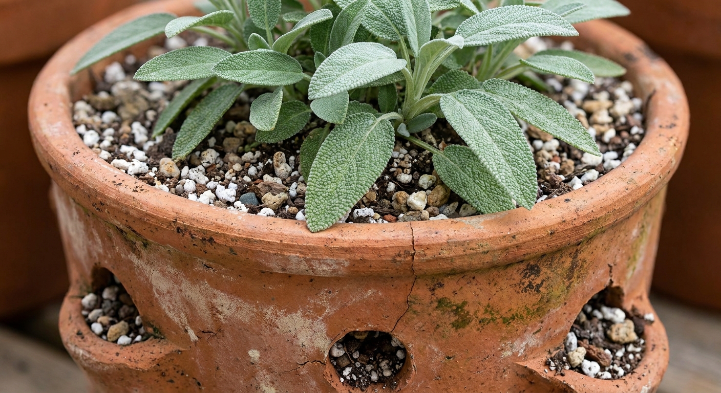 A close-up real photograph of culinary sage planted in a terracotta pot with visible drainage holes and gritty potting mix