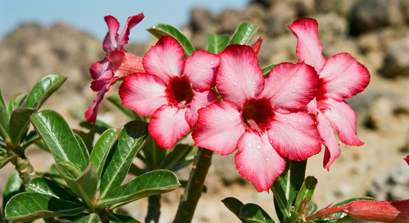 A close-up real photograph of desert rose (Adenium) flowers in bloom, showing pink petals with a deeper red throat and glossy green leaves