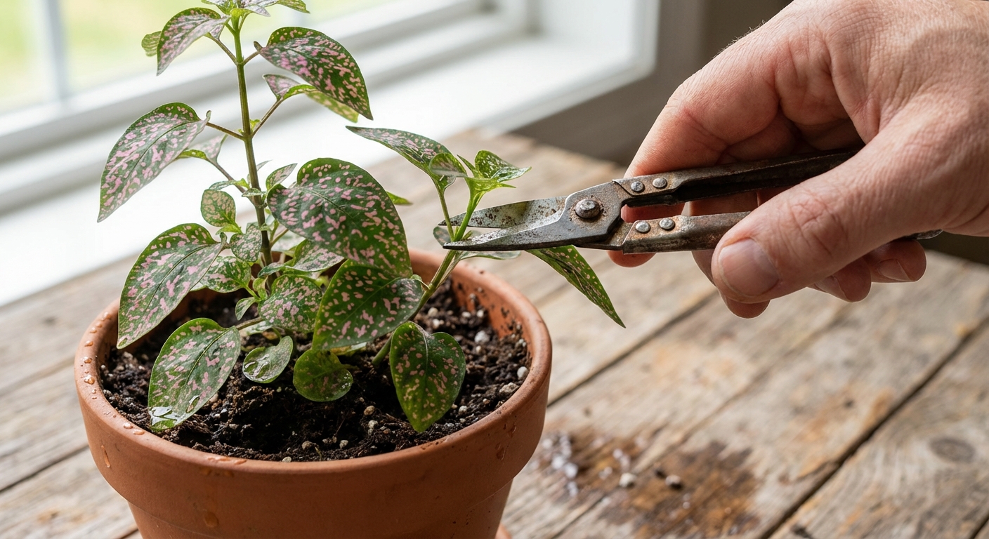 A close-up, realistic photo of a hand using small pruning snips to pinch back the tip of a polka dot plant stem just above a leaf node, with the plant in a pot on a table
