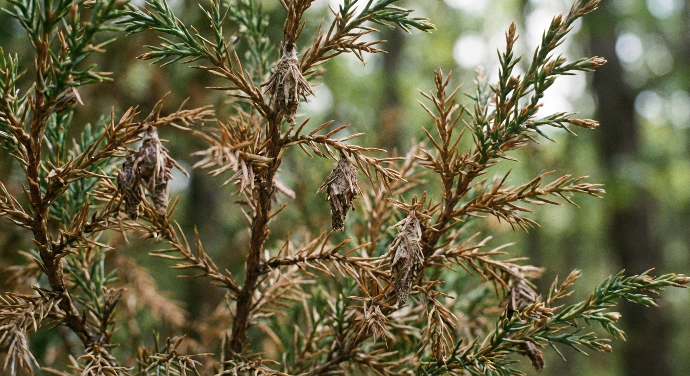 A close-up realistic photograph of evergreen foliage with subtle tip thinning and a few very small bagworm cases attached, soft natural daylight