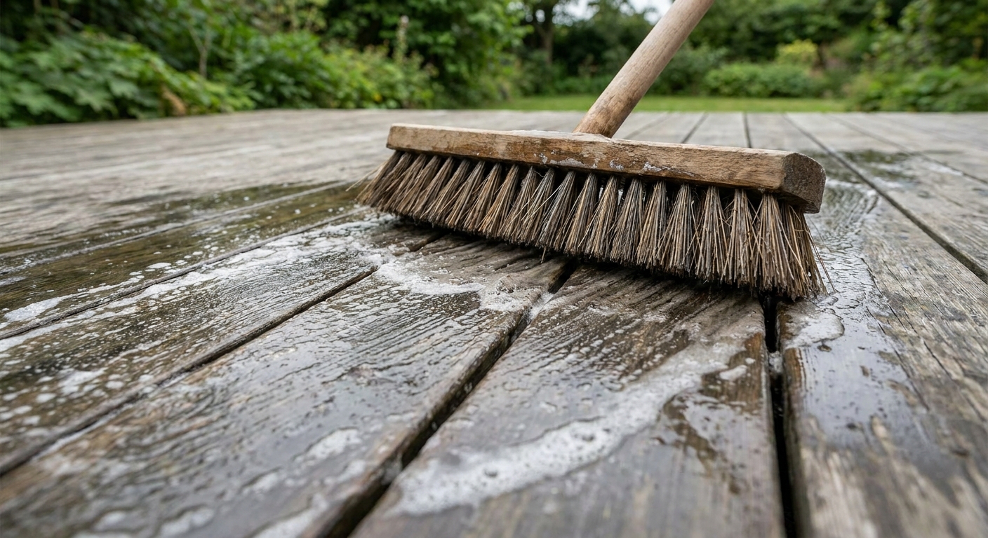 A close view of a deck broom scrubbing a wet wooden deck board surface outdoors, cleaning away lingering odors