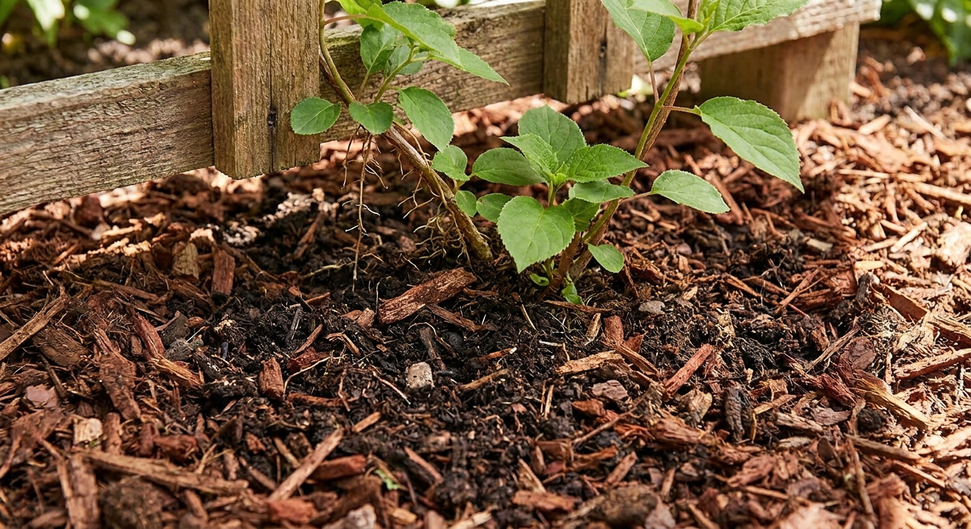 A close view of compost and shredded bark mulch spread around the base of a newly planted climbing hydrangea