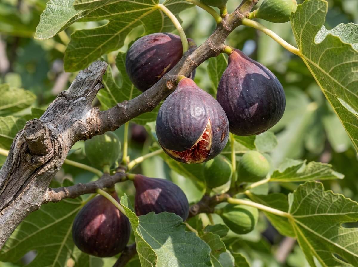 A close view of ripe purple figs hanging on a fig branch with sunlit green leaves