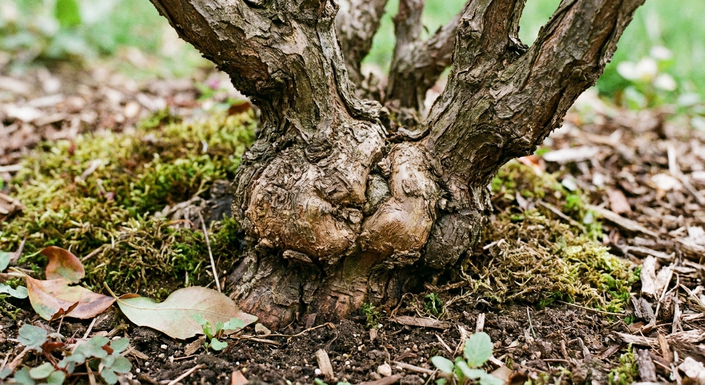 A close view of the lower stems of a tree peony showing a swollen graft area near the base above the soil