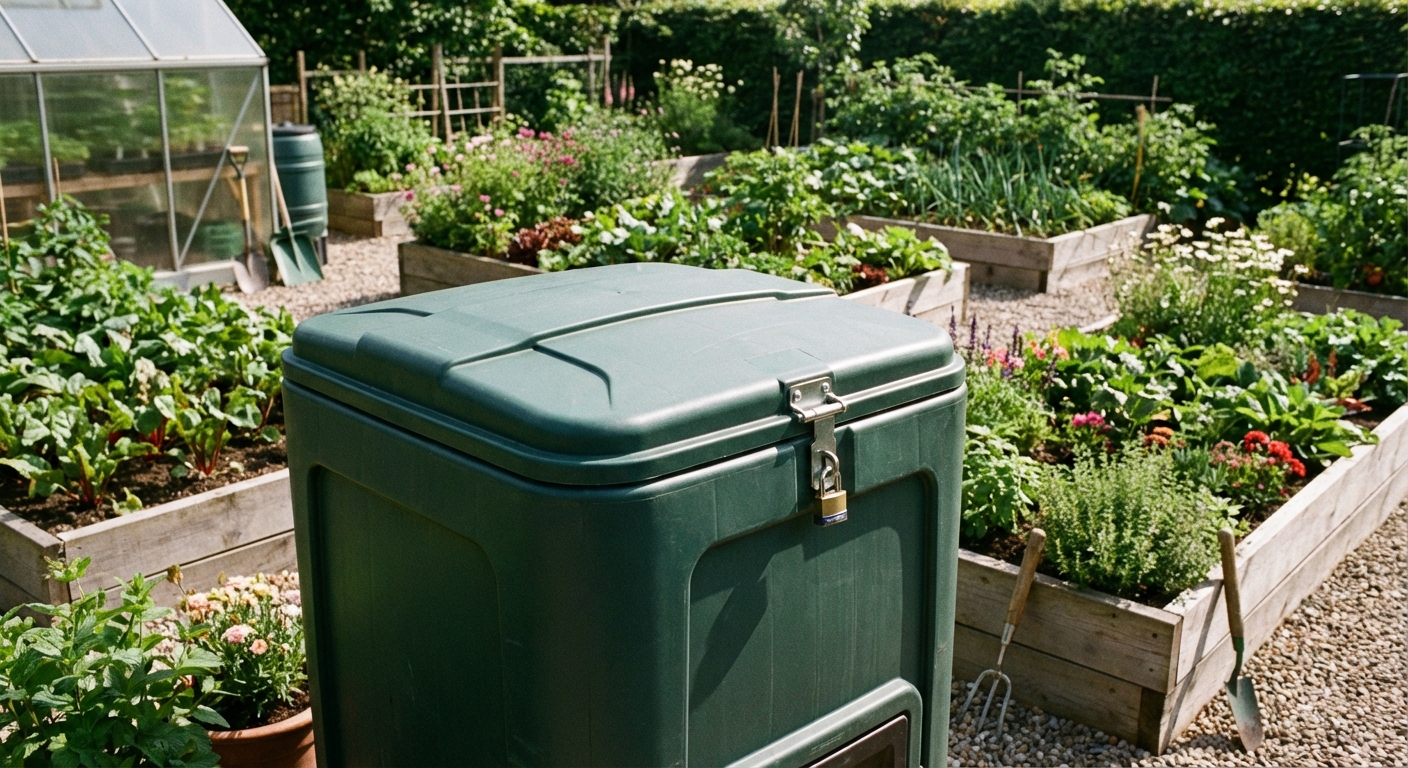 A closed compost bin with a tight-fitting lid and latch in a tidy backyard garden area, photorealistic