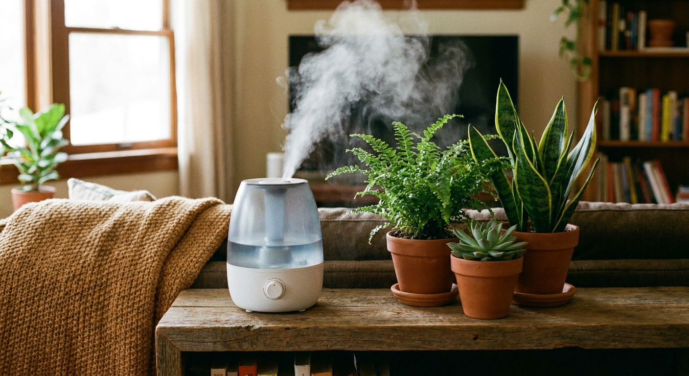A compact cool-mist humidifier running next to several small houseplants on a shelf in a cozy living room, real photo style