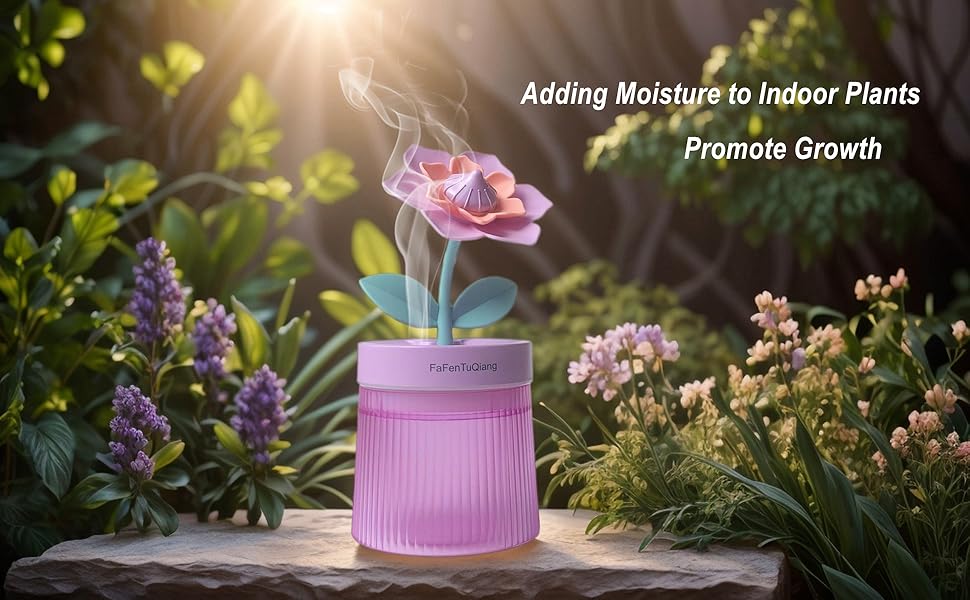 A compact cool mist humidifier running on a side table near a potted indoor gardenia, with gentle vapor visible in natural window light