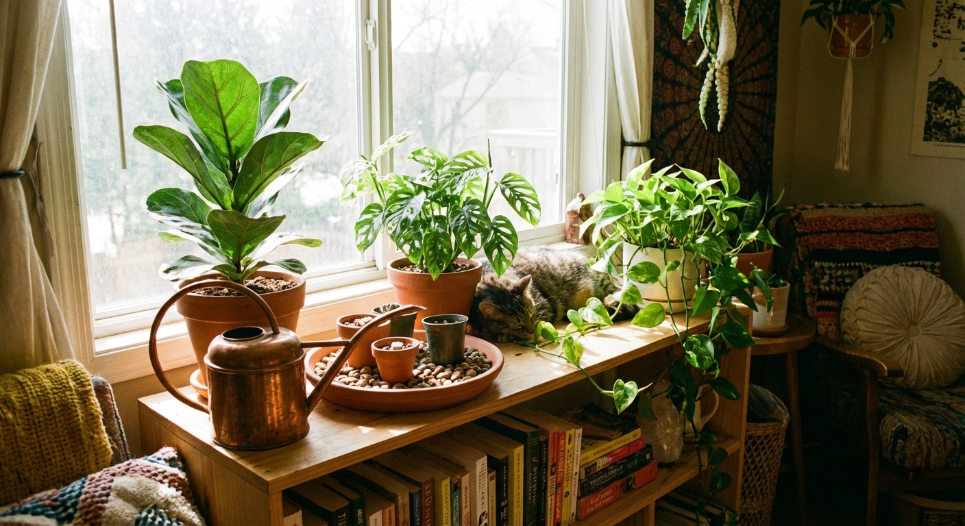 A cozy indoor plant shelf with a watering can, a drip tray, and several healthy green houseplants in natural light