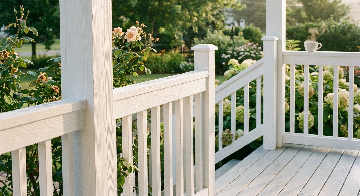 A crisp photograph of a freshly painted white porch railing and trim in soft morning sunlight, with a clean, well-maintained wood surface
