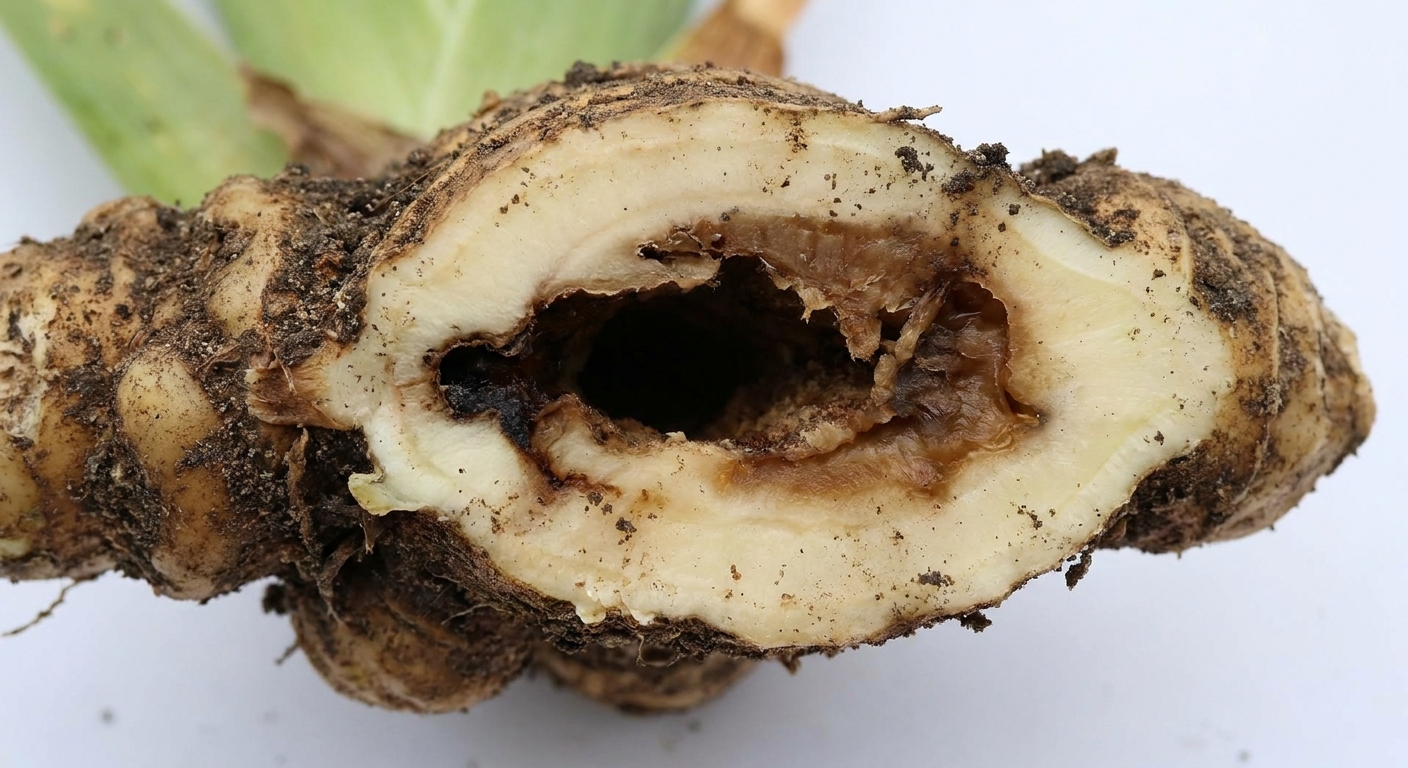 A cut bearded iris rhizome showing a hollow tunnel and brown damaged tissue inside