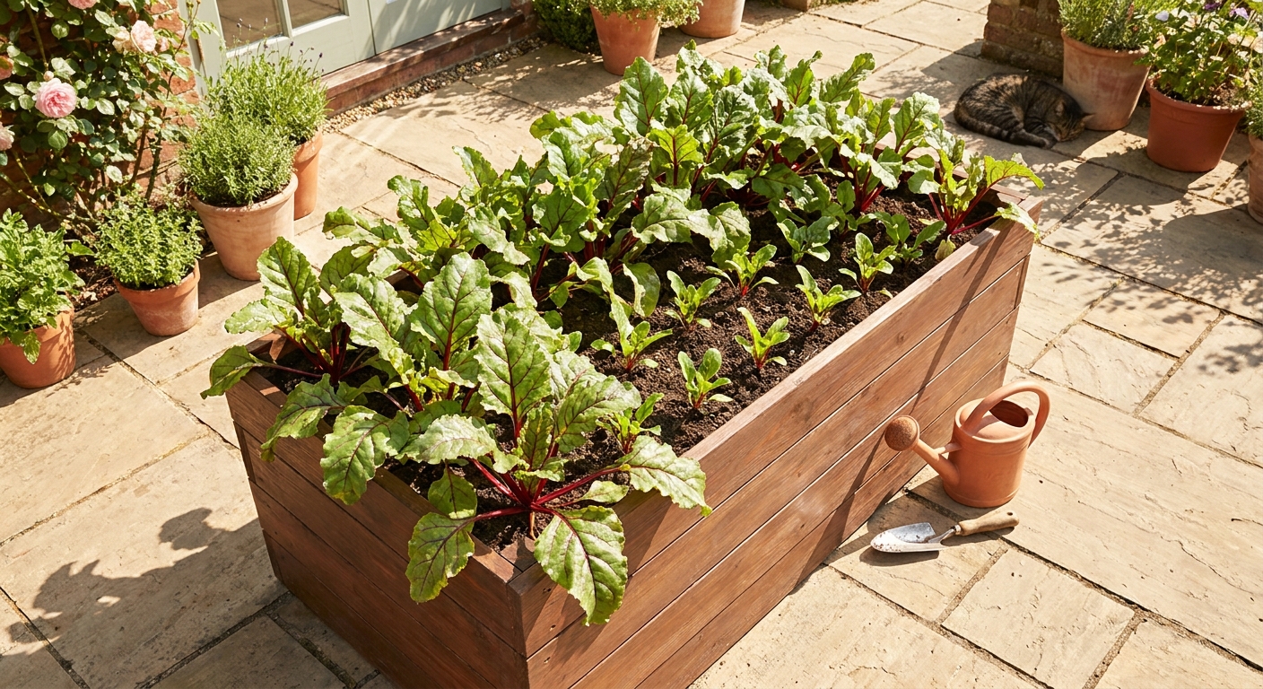 A deep container on a sunny patio filled with beet plants, showing red-veined leaves and evenly spaced seedlings