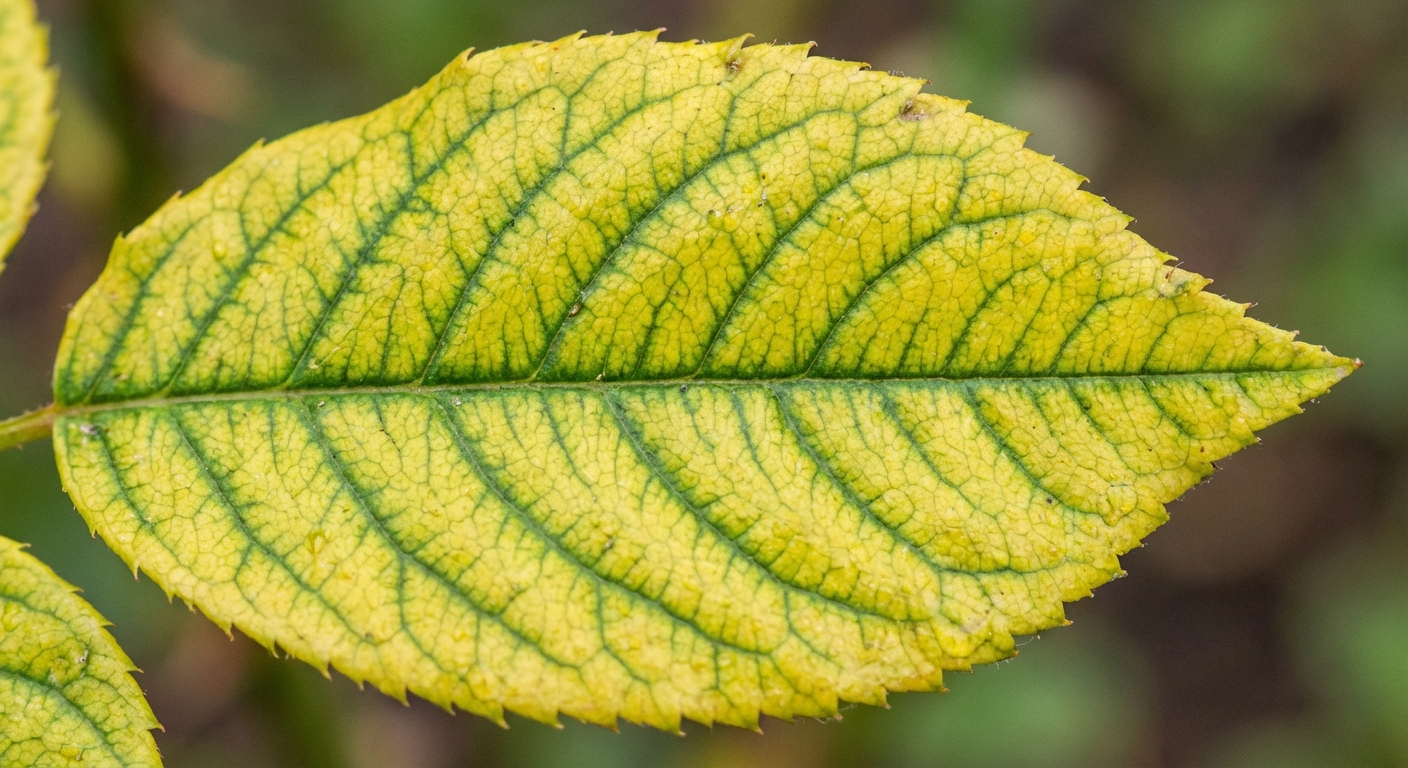 A detailed close-up photograph of a rose leaf showing yellow tissue with clearly green veins, the leaf filling most of the frame in natural light