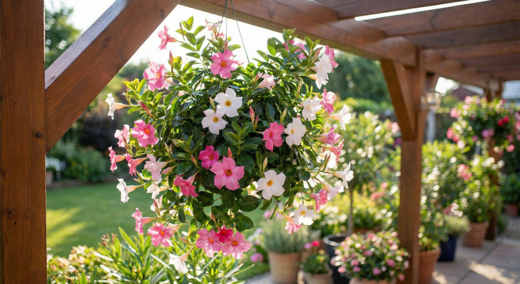 A dipladenia trailing gently from a hanging basket with bright pink trumpet-shaped flowers and dense green leaves