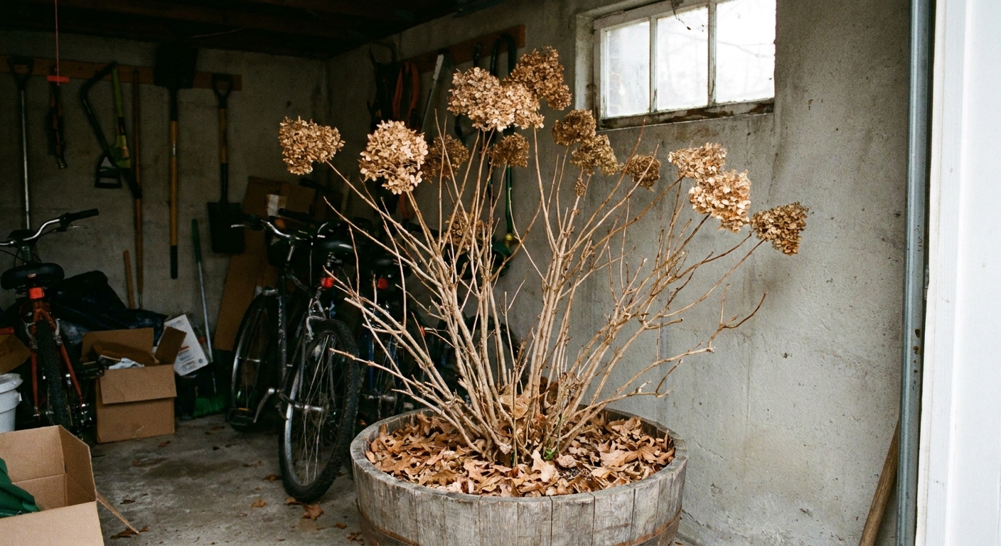 A dormant hydrangea in a large container stored in an unheated garage near a wall, with fallen leaves on the soil surface