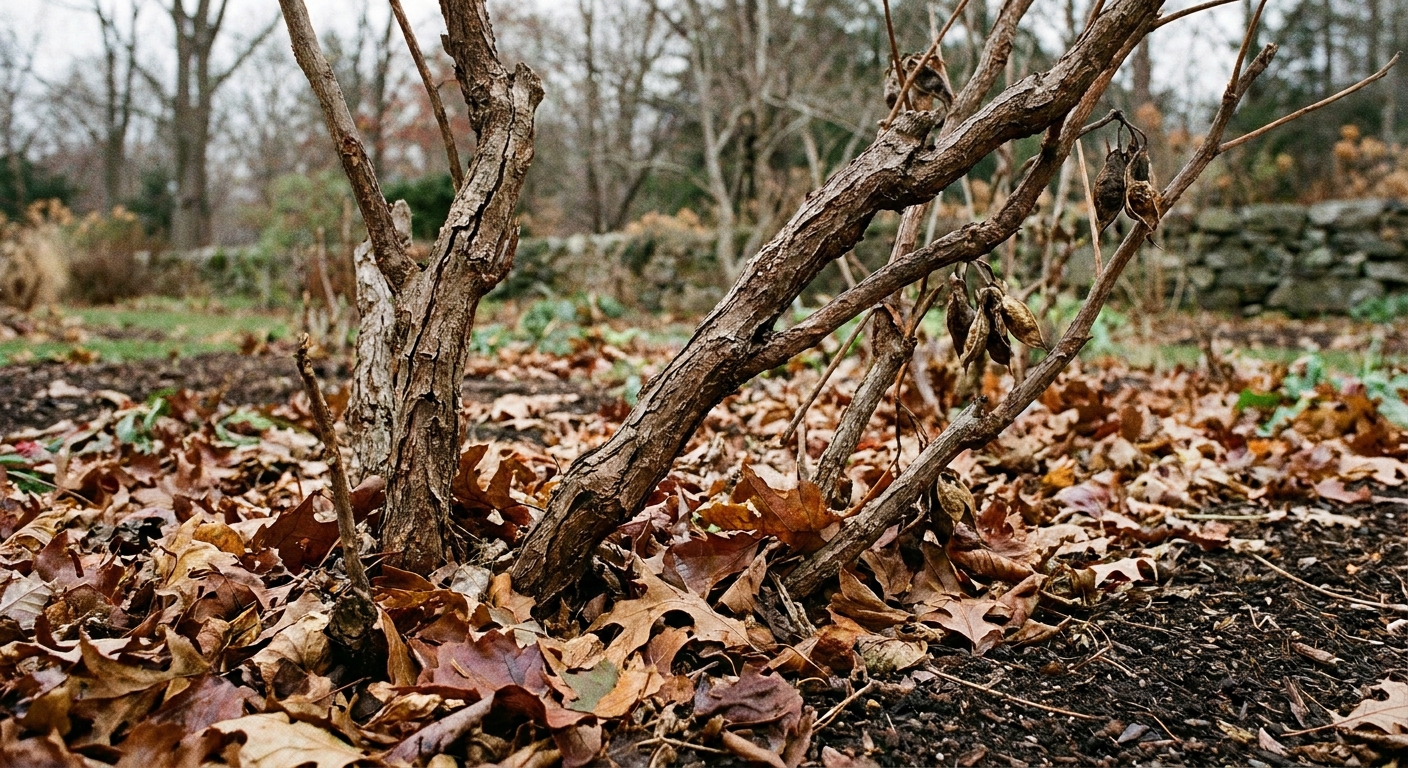 A dormant tree peony in late fall showing brown woody stems above the soil with fallen leaves around the base