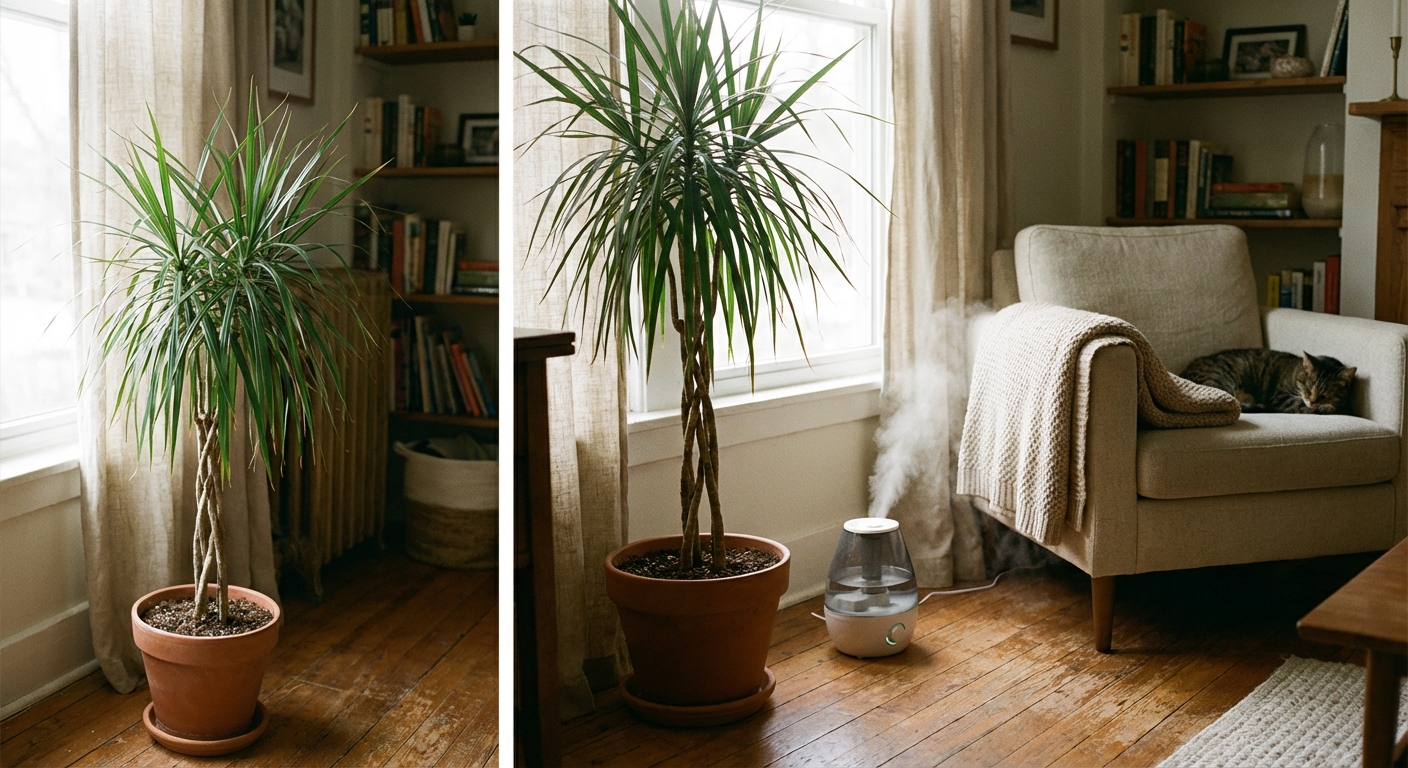 A dracaena marginata in a cozy living room with a small humidifier nearby on the floor, soft natural window light, realistic photo