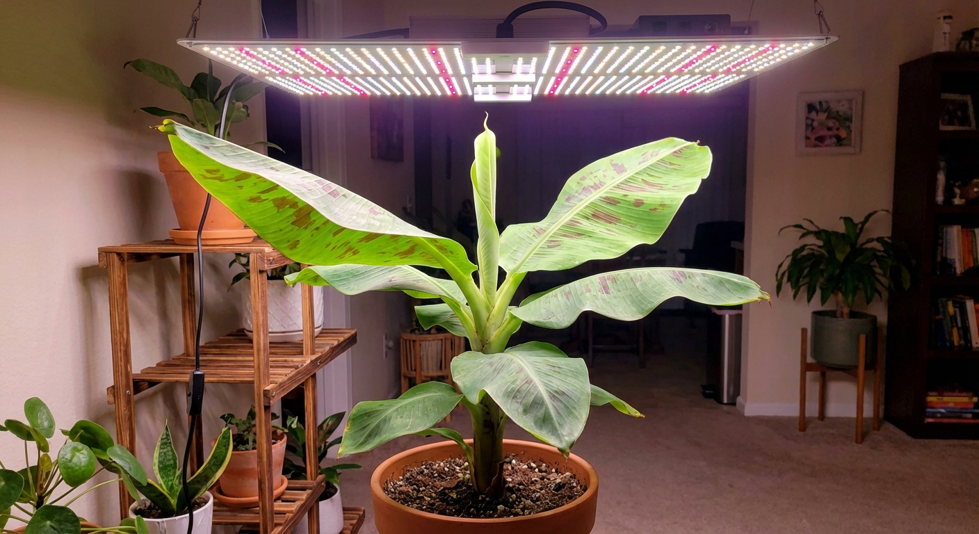 A dwarf Cavendish banana plant indoors under a bright LED grow light, with new leaves unfurling from the center