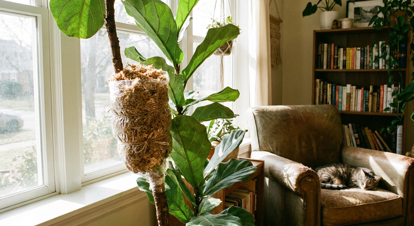 A fiddle leaf fig houseplant with a mid-stem section wrapped in sphagnum moss and clear plastic, standing near a bright window in a cozy living room