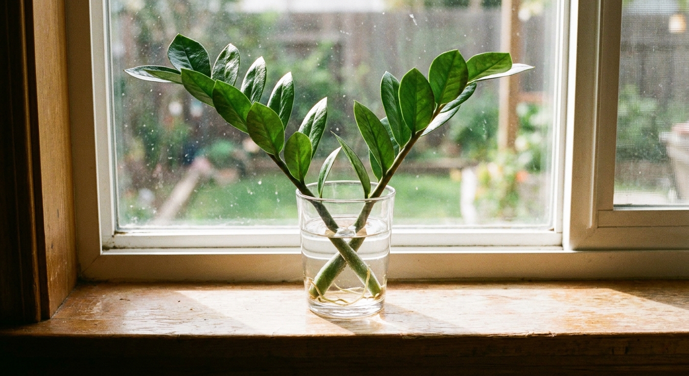A firm ZZ plant stem cutting placed in a clear glass of water on a windowsill with bright indirect light, real photograph