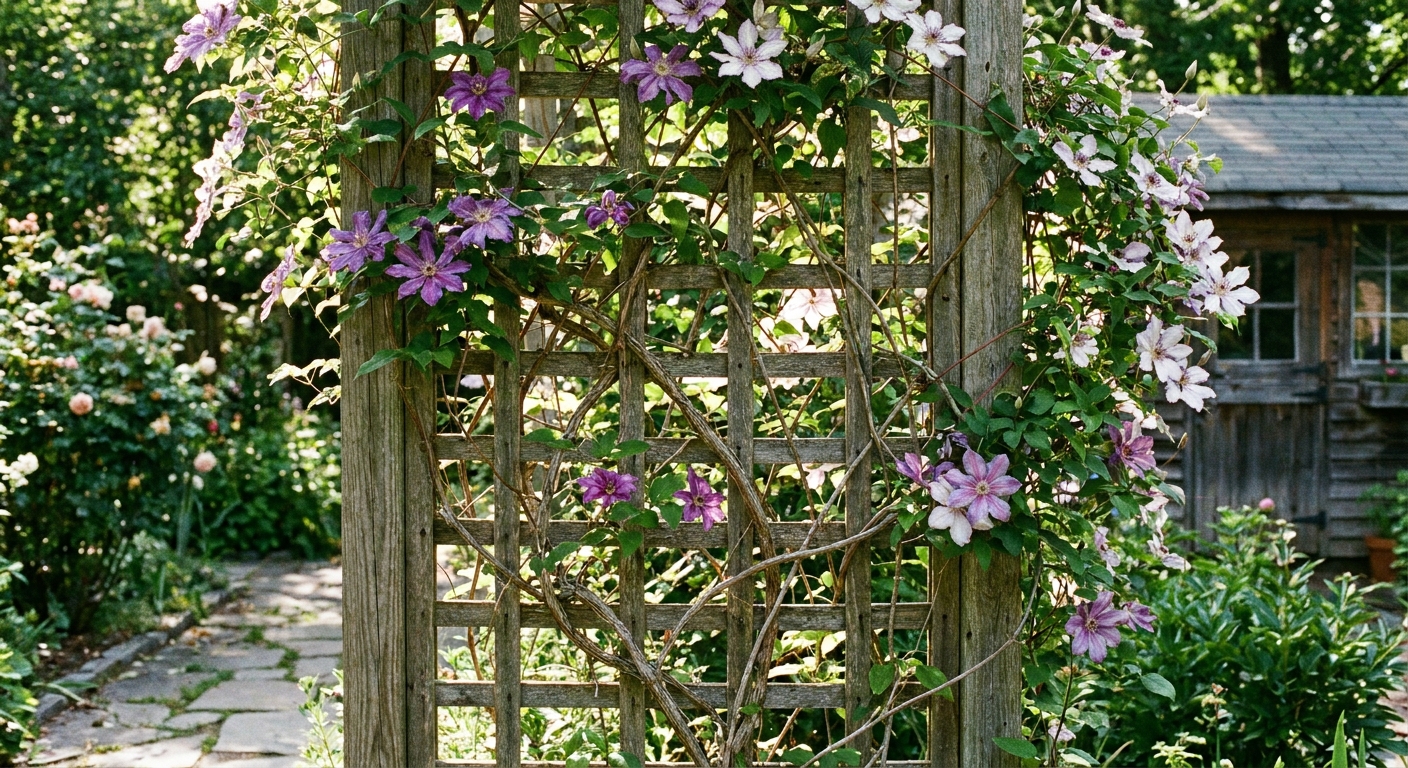 A flowering clematis vine twining up a narrow-lattice trellis in a backyard garden, with stems threaded through the support, real-life photograph