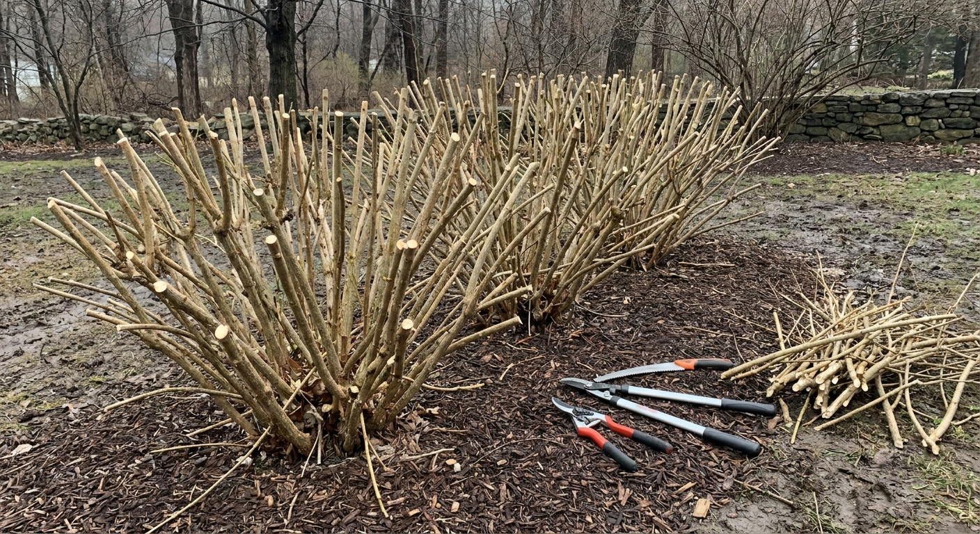 A forsythia shrub recently cut back hard to short stubs near the ground in early spring, with clean cuts and garden tools resting on mulch nearby